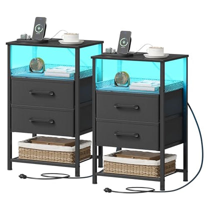 JARHETUN Nightstand Set of 2 with Charging Station, Night Stands with LED Lights, 26.4 Inch Tall Bedside Table with Metal Shelf, Side Table with 2 Fabirc Drawers for Bedroom, Black - color: Black, style: LED & Power