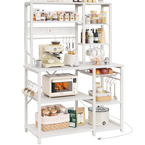 SUPERJARE Large Bakers Rack with Power Outlets, 6-Tier Microwave Stand, Coffee Bar with 12 S-Shaped Hooks, Kitchen Shelf with Wire Basket, 39.4 x 14.6X 66.9 Inches, White - color: White, size: 39.4inch
