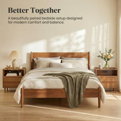 26 Inch Tall Warm Walnut Nightstand with Charging Station, 2 Drawers | 24 inch wide, 16 inch deep design with raised-edge tray top, open shelf, hidden storage, and mid century appeal - color: Warm Walnut