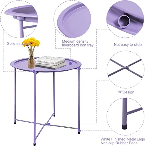 Garden 4 you End Table 2 PCS Metal Side Table Purple Round Folding Tray Cyan Sofa Small Accent Fold-able Table, Round End Table Tray, Next to Sofa Table, Snack Table for Living Room and Bed Room - color: Purple