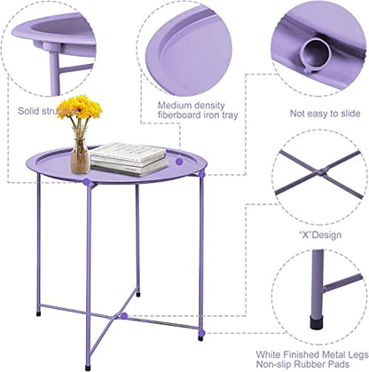 Garden 4 you End Table 2 PCS Metal Side Table Purple Round Folding Tray Cyan Sofa Small Accent Fold-able Table, Round End Table Tray, Next to Sofa Table, Snack Table for Living Room and Bed Room - color: Purple