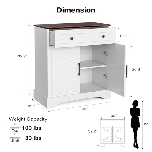 LCRBOL Sideboard with Drawer & Doors, Modern, Walnut Top & White | 30"W x 15.2"D x 32.2"H, 100 lbs top / 30 lbs shelf, 1 drawer & 2-door cabinet, adjustable shelf, soft-close hinges - color: White