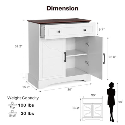 LCRBOL Sideboard with Drawer & Doors, Modern, Walnut Top & White | 30"W x 15.2"D x 32.2"H, 100 lbs top / 30 lbs shelf, 1 drawer & 2-door cabinet, adjustable shelf, soft-close hinges - color: White