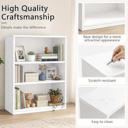Wooden 3-Tier Bookshelf, White, 31.5" Tall | Adjustable, Open Storage Shelf Unit - color: White, size: 3-Tier