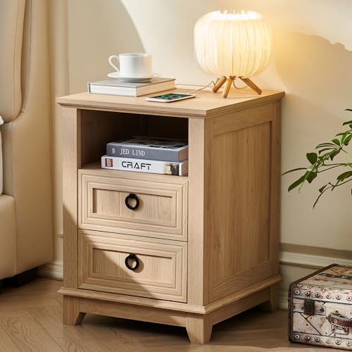 Joaxswe 18" Farmhouse Night Stand with Charging Station, 2 Drawers Bedside End Table, Natural Wooden Nightstand, Bed Side Table Cabinet with Open Shelf for Bedroom Living Room Office - color: Natural Set 1, size: 2 Drawers