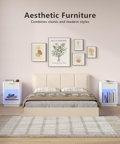 Akxomel Fluted Nightstand, Wooden Night Stand with Charging Station and LED Light, Modern Mid Century End Table with Drawer, 15" D x 15.7" W x 22.6" H, for Bedroom, White - color: White