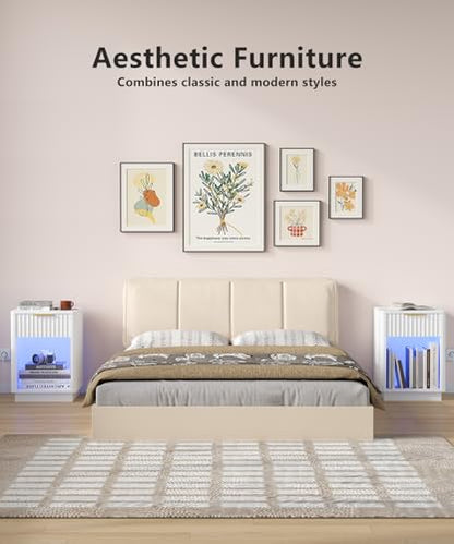 Akxomel Fluted Nightstand, Wooden Night Stand with Charging Station and LED Light, Modern Mid Century End Table with Drawer, 15" D x 15.7" W x 22.6" H, for Bedroom, White - color: White