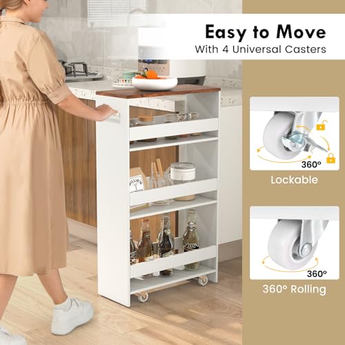 LOKO 4-Tier Rolling Storage Cart, 8 Inches Slim Kitchen Cart on Wheels with Open Shelves & Handle, Laundry Room Cart Between Washer and Dryer, for Bathroom Next to Fridge (White & Rustic Brown) - color: White & Rustic Brown