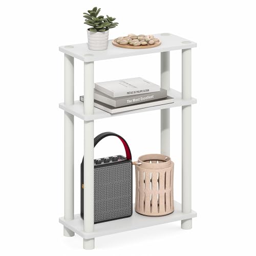 Furinno Turn-N-Tube Narrow Side Table, 3-Tier Rectangular Modern End Table with Storage Shelf, Slim Toolless Assembly Nightstand, Night Stand, Bedside Table, for Living Room, Bedroom, White - color: White/White