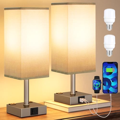 Grey Touch Lamps Set of 2 for Bedroom - Dimmable, USB C+A, 2 AC Outlets | 3-Way Dimming, 3000K LED Bulbs Included, Square Grey Lampshade Grey Base, Small Bedside Lamp for Nightstand, Desk - color: Grey-Grey