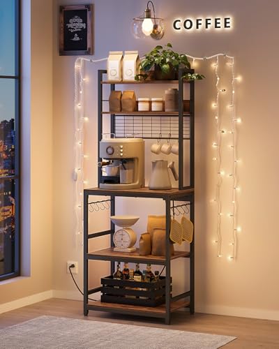 VASAGLE Bakers Rack with Power Outlet, Microwave Stand, Kitchen Tall Utility Storage Shelf, with Metal Wire Panel, 14 Hooks, 15.7 x 23.6 x 66.9 Inches, Rustic Brown and Ink Black UKKS037B01 - color: Rustic Brown + Ink Black, size: 23.6"W