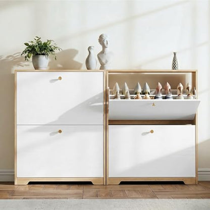 Nicetree Shoe Cabinet with 2 Flip Drawers, Narrow Shoe Organizer Cabinet, Freestanding Shoe Rack Cabinet, Modern Shoe Storage Cabinet for Entryway, Hallway, Foyer, Natural Oak and White - color: Natural Oak and White, style: 2-Drawers