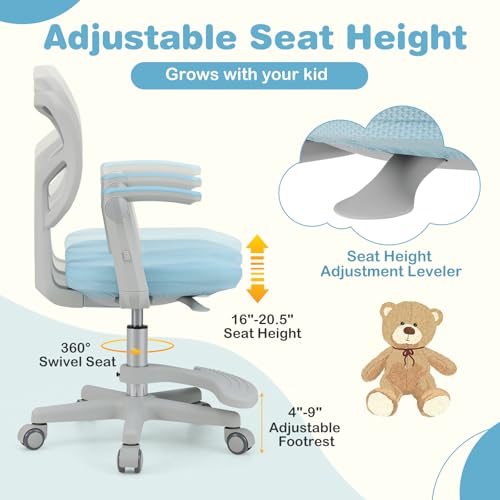 HONEY JOY Kids Desk Chair, Children Study Chair with Adjustable Height/Armrest/Footrest, Swivel Rolling Mesh Task Student Chair, Kids Computer Chair for Teens Girls Boys, Home, School, Office (Blue) - color: Blue