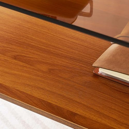 LumFurn Oval Glass Coffee Table, Mid-Century Modern Design, L41 x W21 x H17 inch, for Living Room, 2-Tier Structure, Amber Glass Top and Walnut Finish Wood Shelf, Conical Legs with Gold Finish Frame - color: Amber & Walnut, size: L41" Oval Coffee Table