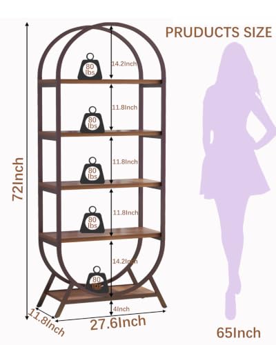 Bookshelf Arched Bookcase, 5 Tier Open Freestanding Display Shelf for Home Office, Living Room, Walnut - color: Walnut, size: 5 Tier Arched