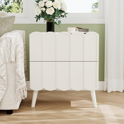 Modern Fluted Nightstand for Bedroom, White Wood Bedside Table | Wood End Side Table with Arch Curved Design, Night Stand with 2 Drawer - color: White, size: 1 Pack
