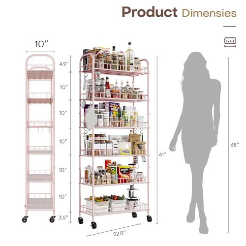 6 Tier Slim Rolling Storage Cart with Wheels, Metal Mobile Shelving Unit Organizer Utility Cart for Office Bathroom Kitchen Laundry Room Narrow Places (Pink 10 Inches) - size: Pink 10 Inches