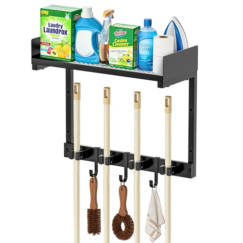 HUFAND Broom Holder Wall Mount, 15" Large Mop and Broom Organizer Wall Hanging with Top Storage Shelf, Heavy Duty Iron Utility Rack for Laundry Room, Garage, Kitchen, Garden - Black - color: Black, size: Small