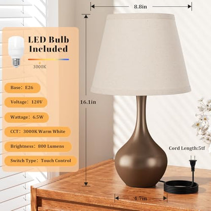 Seealle Touch Table Lamp for Bedroom, 3-Way Dimmable Small Bedside Lamps for Night Stands with Wires, Brown Desk Lamp for Kids Room, Office, Living Room, End Table(LED Bulb Included) - color: J. Beige Shade & Brown Base