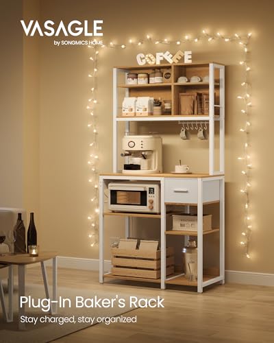 VASAGLE Bakers Rack with Charging Station, Coffee Bar, 15.7 x 31.5 x 71 Inches, Kitchen Microwave Stand, Adjustable Storage Shelves, Fabric Drawer, 12 Hooks, Golden Oak and Cloud White UKKS015Y03 - color: Golden Oak + Cloud White, size: 15.7"D x 31.5"W