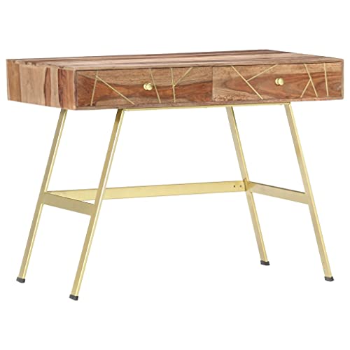 Solid Sheesham Wood Writing Desk with 2 Drawers 39.4"x21.7"x29.5" Industrial Computer Table for Home Office, Bedroom, Small Spaces - color: Solid Sheesham Wood