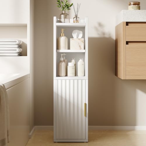 Yoobure Small Bathroom Storage Cabinet, Narrow Toilet Paper Cabinets with Fluted Door, Wood Slim Corner Floor Cabinet with Adjustable Shelf, Bathroom Organizer for Small Spaces, 7.9" D x 7.9" W, White - color: White