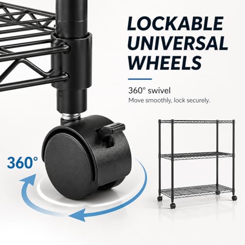 Simple Deluxe 3-Tier Heavy Duty Adjustable Storage Shelf with Wheels, 23.23”W x 13.39”D x 30.31”H, Mobile or Stationary Metal Shelving Unit, Easy Assembly for Kitchen, Pantry, Laundry Room, Black - size: 3-Tier, 23.23”W x 13.39”D x 30.31”H, style: 1 Pack