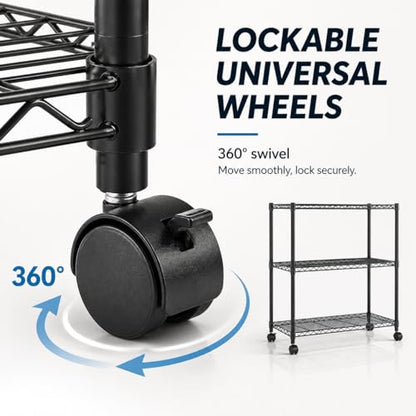 Simple Deluxe 3-Tier Heavy Duty Adjustable Storage Shelf with Wheels, 23.23”W x 13.39”D x 30.31”H, Mobile or Stationary Metal Shelving Unit, Easy Assembly for Kitchen, Pantry, Laundry Room, Black - size: 3-Tier, 23.23”W x 13.39”D x 30.31”H, style: 1 Pack