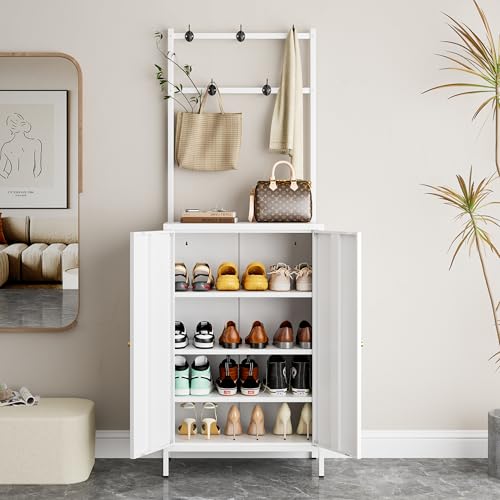 Hall Tree, 72” Shoe Cabinet with Rack, 2-Door Metal Shoe Organizer with 3 Adjustable Shelves & 5 Hooks, Farmhouse Hallway Cabinet for Shoes, Hats, and Keys, White