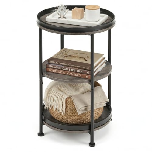 Dulcii 3-Tier Round Side Table with Tabletop Tray, Grey | 15'' Round Sofa Table for Small Spaces, Round Accent Table Corner Table for Living Room Bedroom Nightstand - color: Grey, style: Classic