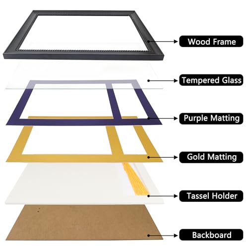 GMFrames 8.5x11 Diploma Frame with Tassel Holder, Solid Wood & Tempered Glass, Purple over Gold Mat, Black Finish with Intricate Black Rope Detail - color: Black / Purple Gold Mat, size: 11x17 for 8.5x11 with Tassel