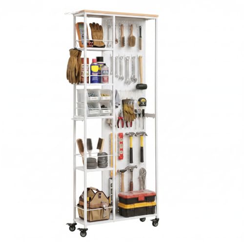 Rolling Garage Storage Shelves, Narrow Tool Storage Organizer for Broom Storage, Power Tool Organizer Shelf with Pegboard & 5-Tier Metal Shelving for Kitchen, Laundry, Craft Room, White - color: White