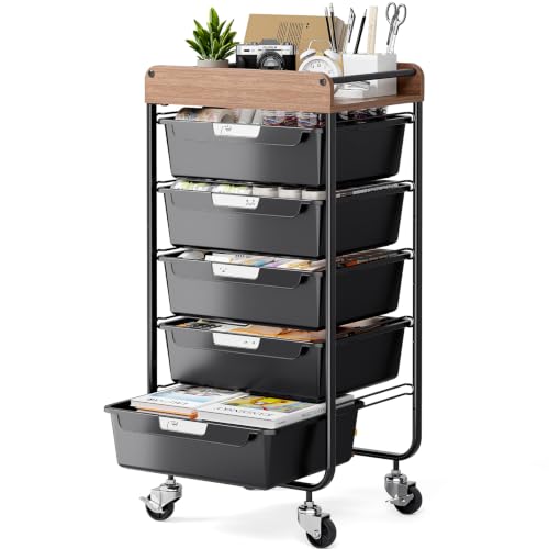 SYKIARIOL Utility Cart with 5 Labeling Drawers and Wooden Tabletop – Rolling Storage Cart for Crafters, Artists, Kids, Teachers, and Students – Organize Arts, Crafts, Sewing & Study Supplies - color: Classic Black, size: 5-Drawer