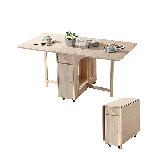 Drop Leaf Folding Dining Table with Storage, Wheels, Space Saving | Foldable Design, 18mm Thick Plywood, 300 lbs Capacity, Locking Wheels, Farmhouse Style, for Living Room Kitchen Small Spaces - color: Wood