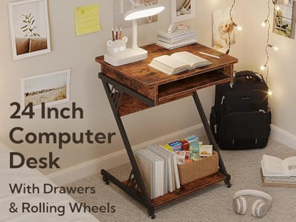 Zenira 24-Inch Small Computer Desk, 30-Inch Tall with Drawers, Corner Desk with Wheels for Gaming, Bedroom, Home, Office - Brown