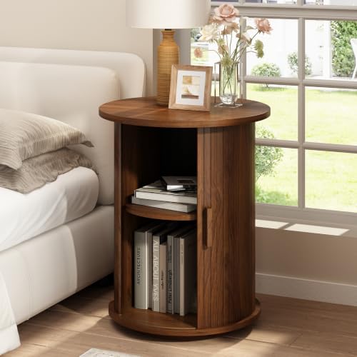 Wnutrees Round Fluted End Table, Small Accent Pedestal Side Table, Brown | Wood Nightstand with Sliding Door & 2 Tier Shelf, Bedside Unit for Living Room, Bedroom - color: Brown