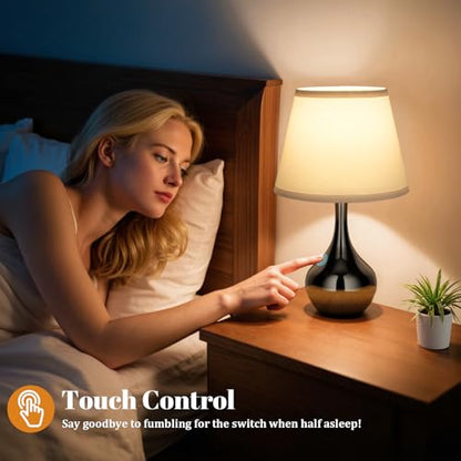 Seealle Touch Table Lamp for Bedroom, 3-Way Dimmable Small Bedside Lamps for Night Stands with Wires, Gloss Black Desk Lamp for Kids Room, Office, Living Room, End Table(LED Bulb Included) - color: F. White Shade & Pearl-black Base