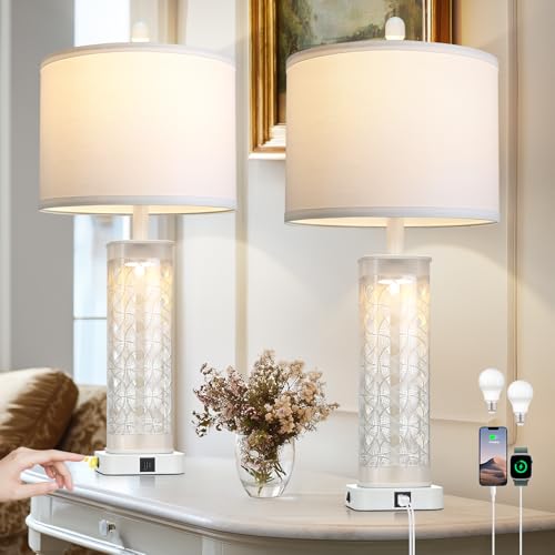 28" White Print Glass Table Lamp Set of 2 with Night Light, Modern Bedside Lamps with USB C+A Charging Ports, Nightstand Lamps for Living Room, Glass Lamps for Bedroom End Table, 2 Bulbs Included - color: White Print(2 Pack)
