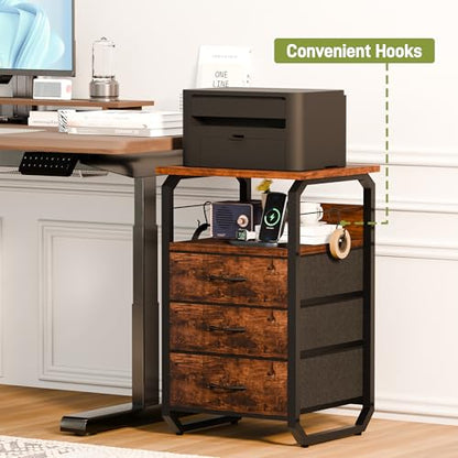 runjuly Night Stand Set 2, Nightstand with LED Lights and Fabric Drawers, Matching End Tables with Charging Station USB C Port, Bedside Tables with Hooks for Bedroom, Rustic Brown - color: Rustic Brown, style: Larger+Taller Set of 2