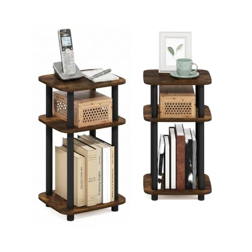Furinno JUST 3-Tier Telephone Table Set of 2, Turn-N-Tube Toolless Side Table with Open Shelf, Round Curve Corner Night Stand, Bedside Table, for Living Room, Bedroom, Amber Pine - color: Amber Pine, size: 2-Pack, Plastic Frame, 3-Tier