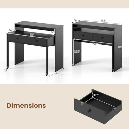 Giantex Small Computer Desk with Hutch & Drawers, Extendable Writing Desk w/Pull Out Secondary Table, Monitor Stand & Rolling Wheels, Console Table, Compact Desk for Small Spaces, Home Office (Black) - color: Black