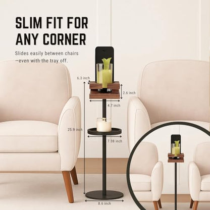 Drink Table for Small Spaces - Slim Pedestal Side Table with Real Wood Top & Stable Base for Coffee & Cocktails - Ideal for Tight Living Room & Bedroom Spaces (Walnut) - color: Walnut