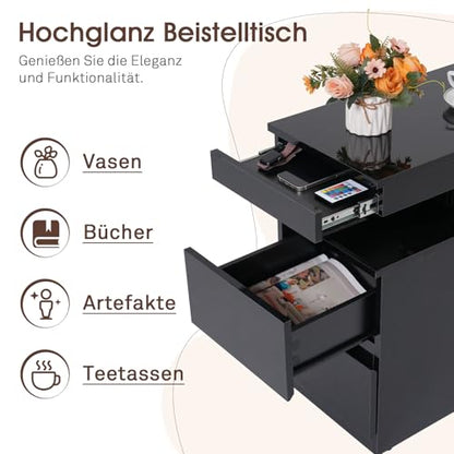 OC Orange-Casual LED End Table with Power Outlet, High Glossy Sofa Side Table, Small Nightstand with Drawer and Storage Cabinet, Narrow Side Table with Charging Station for Living Room (1, Black) - color: Black
