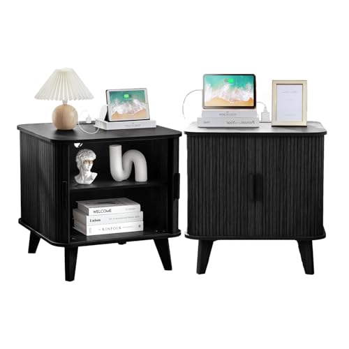 24 Inch Wood Nightstands Set of 2, Mid-Century Modern End Table with Charging Station 2AC+3USB, Sofa Couch Bed Side Table with Storage & Sliding Door (2XSquare, Black) - color: Black, size: 24"-Square