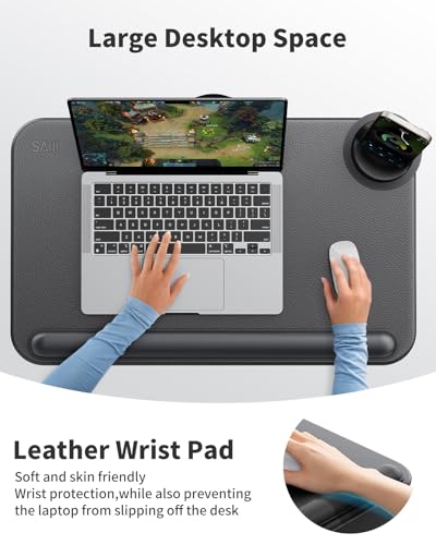 SAIJI Laptop Lap Desk with External Monitor Holder Fits Up to 17" Laptops | Lightweight Lap Tray Table Stand with Soft Leather Wrist Pad, Lap Desk with Cushion for Home Office Working/Gaming On Couch - color: Deep Black