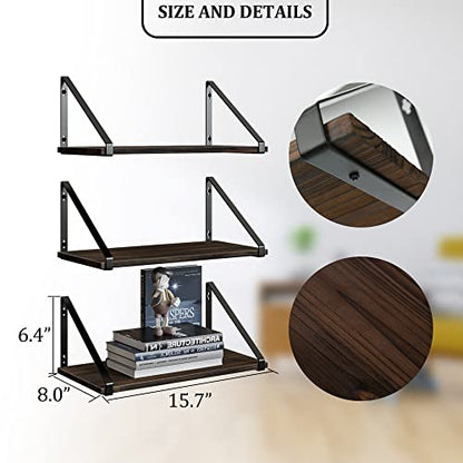 BAMEOS Floating Shelves Rustic Wood Wall Shelf, Small Bookshelf for Living Room, Office, Bedroom, with Metal Bracket - style: 3 pack Carbonized 16"W 8"D