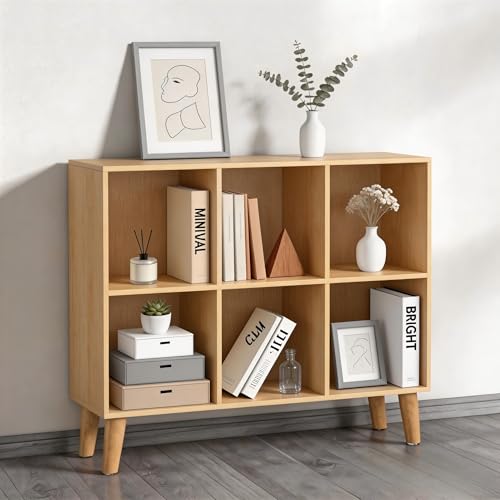 6 Wooden Cube Storage Organizer with Legs,Two Tier Horizontal Cube Bookcase Freestanding Storage Organizer Open Shelf Short Bookshelf for Bedroom, Living Room, Home Office (6 Cube,Oak) - color: Oak, size: 6 Cube-Horizontal