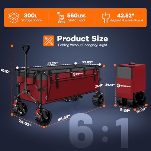 Originsure 300L Foldable Beach Wagon Cart with Big Wheels, 560lbs, Grey&Red | 48" Folding Utility Wagon,7" All-Terrain Wheels,Heavy Duty Frame,Compact&Space-Saving,for Camping,Sports,Grocery,Garden - color: Red&grey