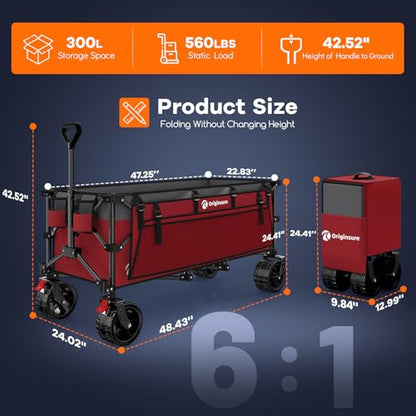 Originsure 300L Foldable Beach Wagon Cart with Big Wheels, 560lbs, Grey&Red | 48" Folding Utility Wagon,7" All-Terrain Wheels,Heavy Duty Frame,Compact&Space-Saving,for Camping,Sports,Grocery,Garden - color: Red&grey