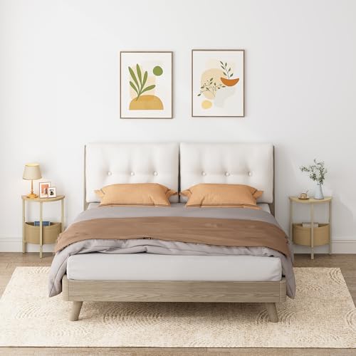 Vagusicc Small Round Side Table End Table, Tall Accent Table with Storage Basket, Set of 2 Half Round Tables Half Moon Tables, Coffee Bedside Tables, Modern Nightstand for Living Room Bedroom,Natural - color: Natural Walnut